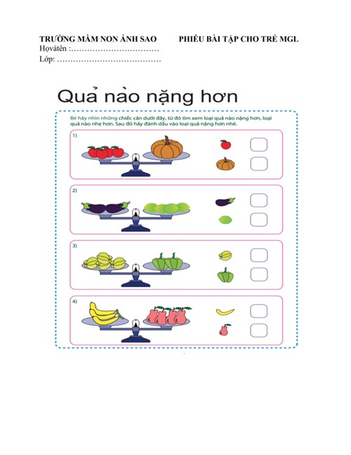 Phiếu bài tập: Quả nào nặng hơn